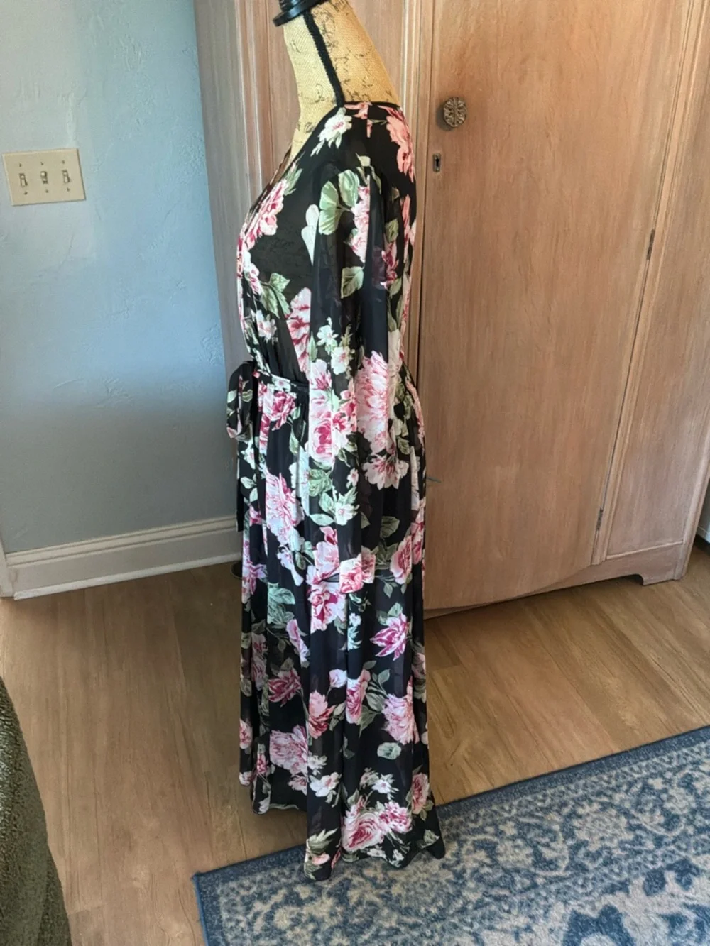 Alexa B Black black Floral Belted Maxi Dress wedding guest plus bell sleeve 16W